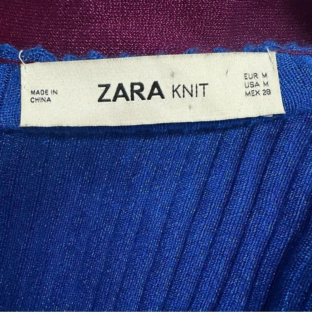 Zara Knit Blue Long Cardigan with Burgundy Trim Size M